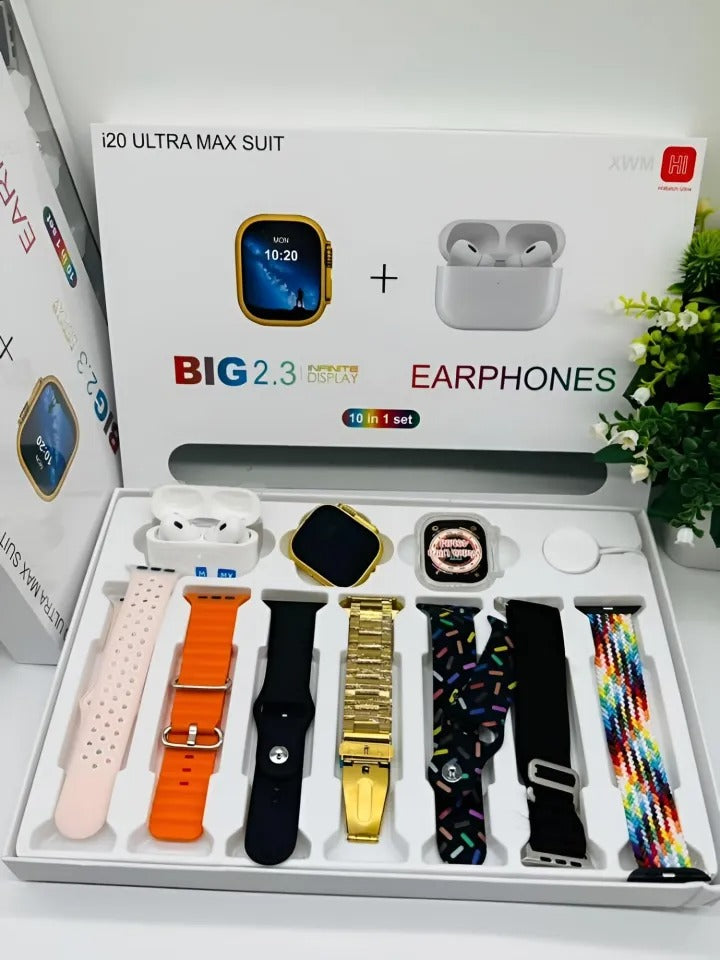 Original i20 Ultra 2 Max Suit Smartwatch with AIIRPODS Pro, Silicone Case, and 7 Straps