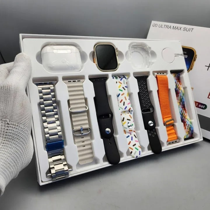 Original i20 Ultra 2 Max Suit Smartwatch with AIIRPODS Pro, Silicone Case, and 7 Straps