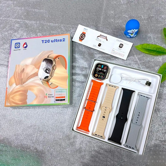 T20 Ultra2 Smart Watch – Fitness & Health Tracker with 4 Interchangeable Straps, Bluetooth Call, Waterproof, HD Display