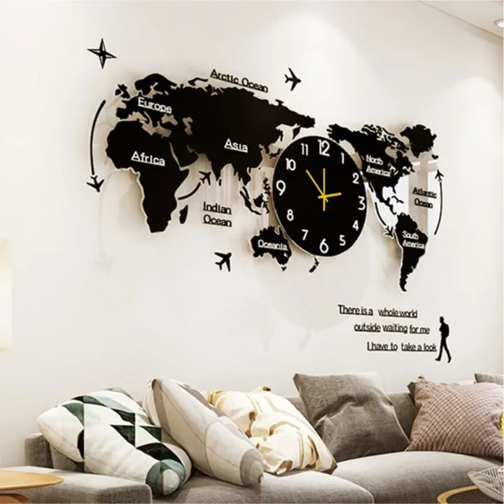 World Map Wall Clock with 3D Acrylic Design & Travel Quote – Modern Home Decor | Inspirational Timepiece for Living Room, Office, or Study
