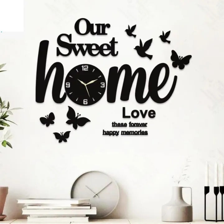 Charming 3D Wall Clock Design Featuring HOME and FAMILY Lettering with Inspirational Words Birds and Butterflies for Stylish Living Room Bedroom or Office Decoration