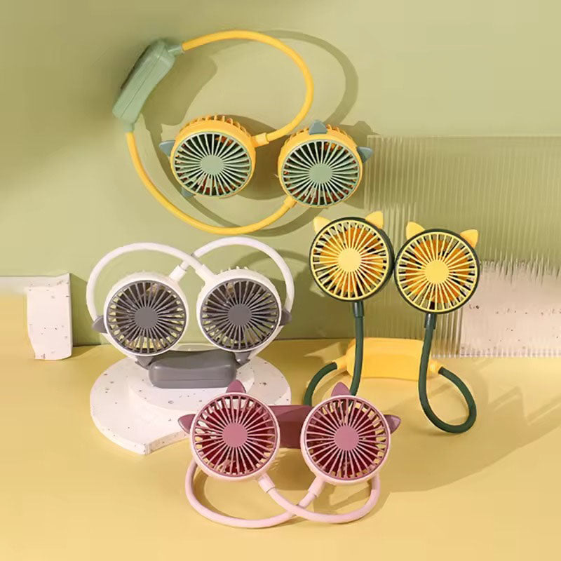Cool & Colorful Wearable Neck Fan – Dual Adjustable Heads, USB Rechargeable – Fun Yellow-Green Personal Fan for Summer, Festivals, Travel, and Everyday Use