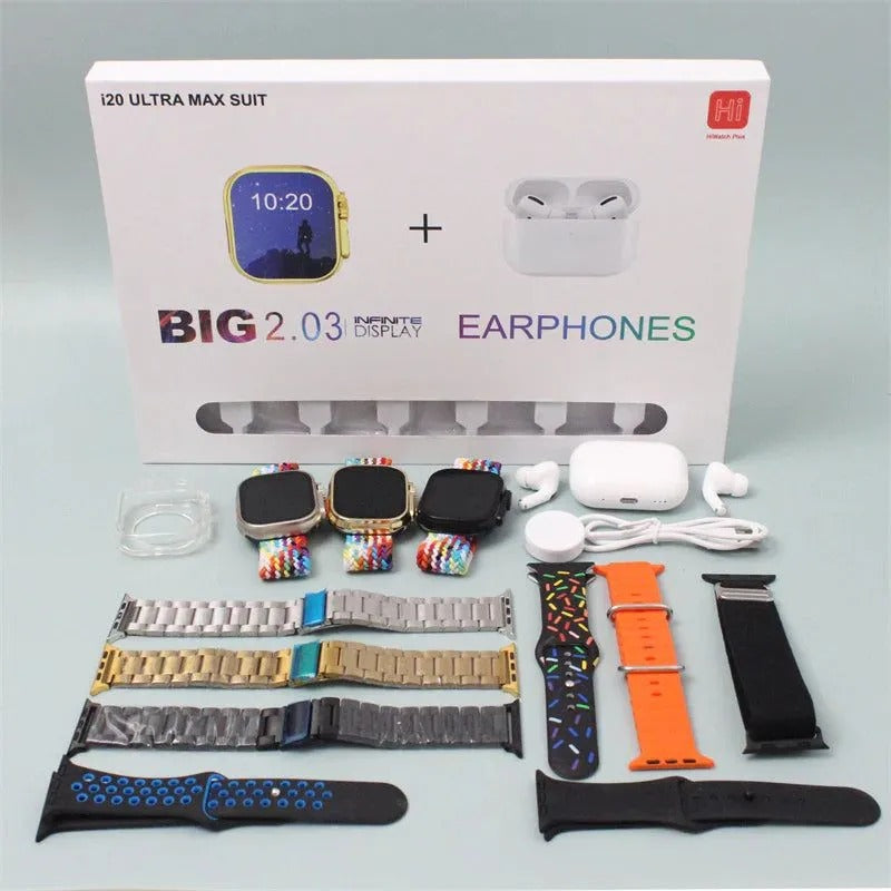 Original i20 Ultra 2 Max Suit Smartwatch with AIIRPODS Pro, Silicone Case, and 7 Straps