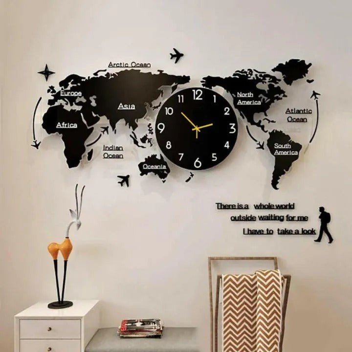 World Map Wall Clock with 3D Acrylic Design & Travel Quote – Modern Home Decor | Inspirational Timepiece for Living Room, Office, or Study