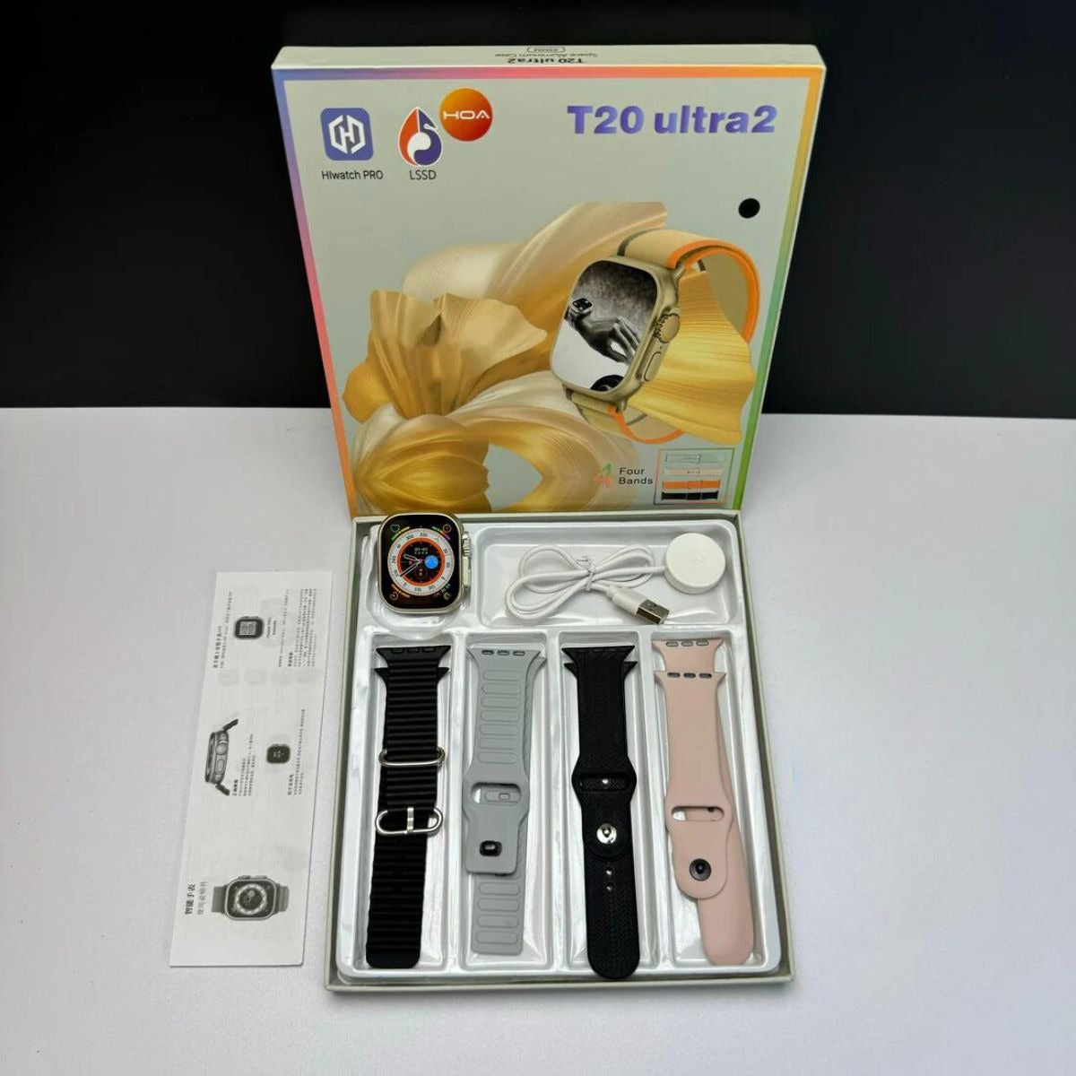 T20 Ultra2 Smart Watch – Fitness & Health Tracker with 4 Interchangeable Straps, Bluetooth Call, Waterproof, HD Display