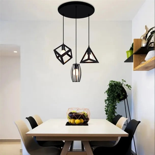 Modern Black 3 Light Pendant Ceiling Lamp Geometric Cube Design Hanging Light Fixture for Kitchen Dining Living Room Bedroom Office