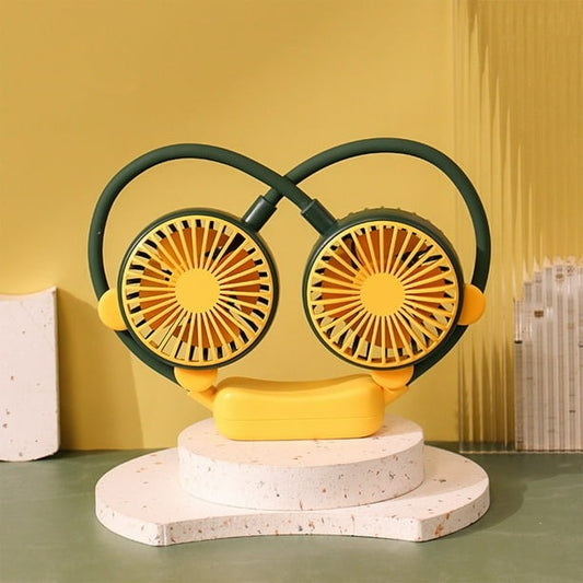 Cool & Colorful Wearable Neck Fan – Dual Adjustable Heads, USB Rechargeable – Fun Yellow-Green Personal Fan for Summer, Festivals, Travel, and Everyday Use