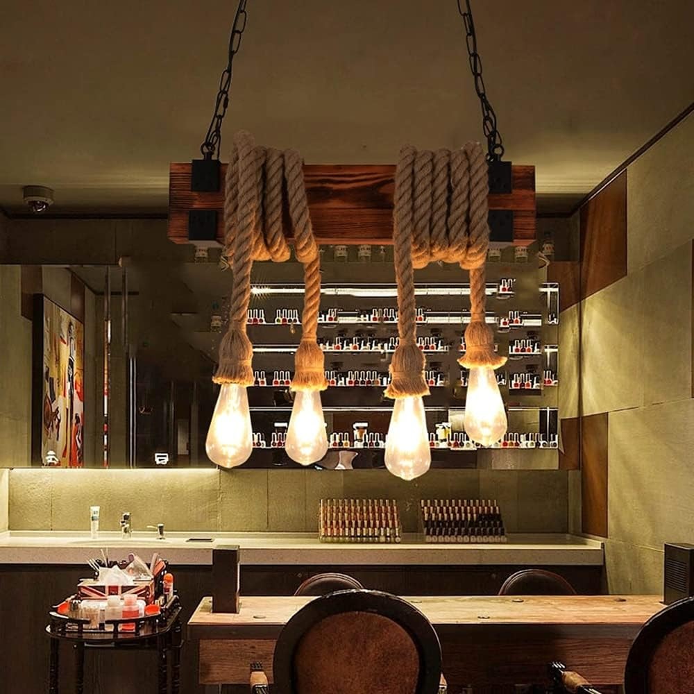 Rustic Farmhouse Rope Pendant Light with Edison Bulbs – Handmade Wood Beam Ceiling Fixture for Kitchen Island, Dining Room, Living Room, or Loft Decor