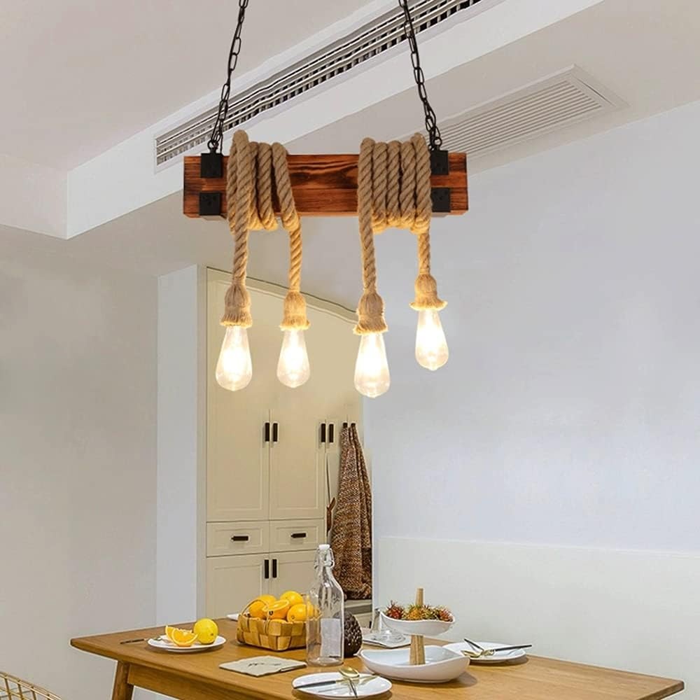 Rustic Farmhouse Rope Pendant Light with Edison Bulbs – Handmade Wood Beam Ceiling Fixture for Kitchen Island, Dining Room, Living Room, or Loft Decor