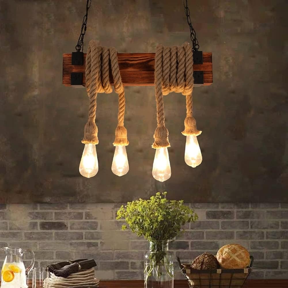 Rustic Farmhouse Rope Pendant Light with Edison Bulbs – Handmade Wood Beam Ceiling Fixture for Kitchen Island, Dining Room, Living Room, or Loft Decor