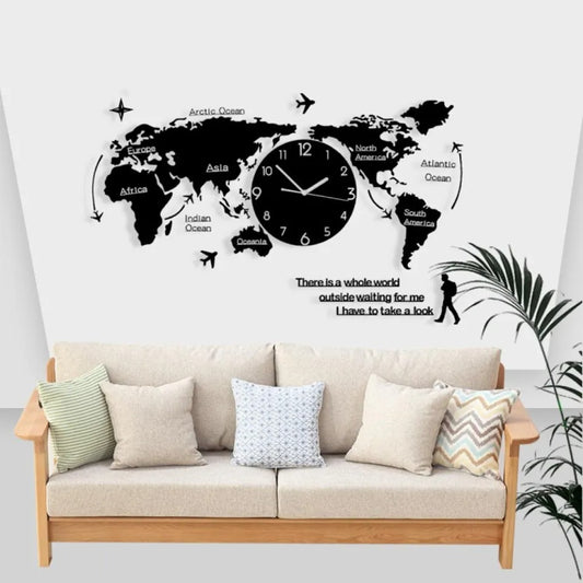 World Map Wall Clock with 3D Acrylic Design & Travel Quote – Modern Home Decor | Inspirational Timepiece for Living Room, Office, or Study