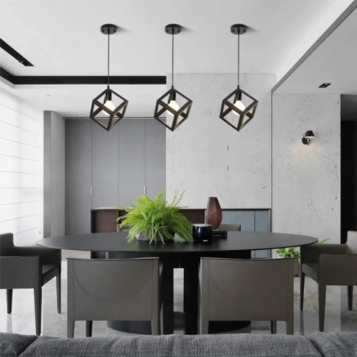 Modern Black 3 Light Pendant Ceiling Lamp Geometric Cube Design Hanging Light Fixture for Kitchen Dining Living Room Bedroom Office