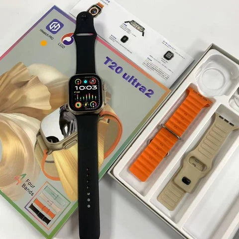 T20 Ultra2 Smart Watch – Fitness & Health Tracker with 4 Interchangeable Straps, Bluetooth Call, Waterproof, HD Display