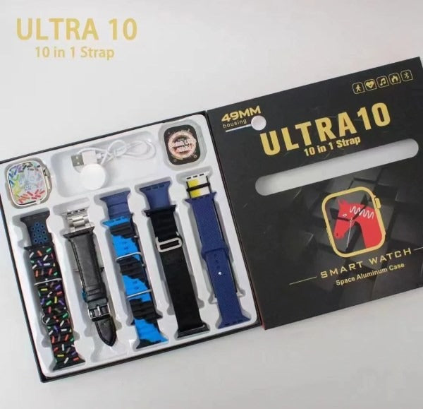 Ultra 10 in 1 set smart watch with 10 Different colour straps and watch silicone Cover | 49mm big HD Display | Bluetooth and Touch smart watch